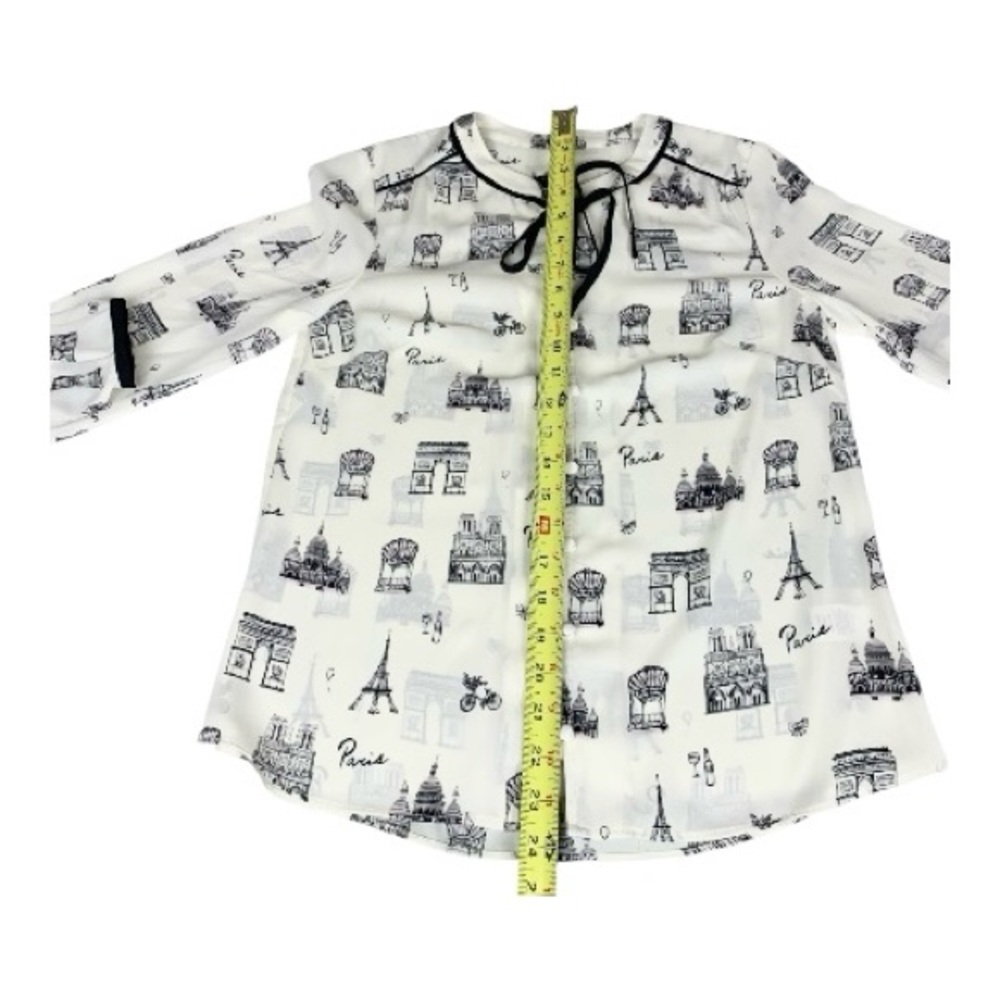 Talbot's Paris Print Tie Front Blouse Ivory Black Sketch Print Size XS P - Picture 9 of 12